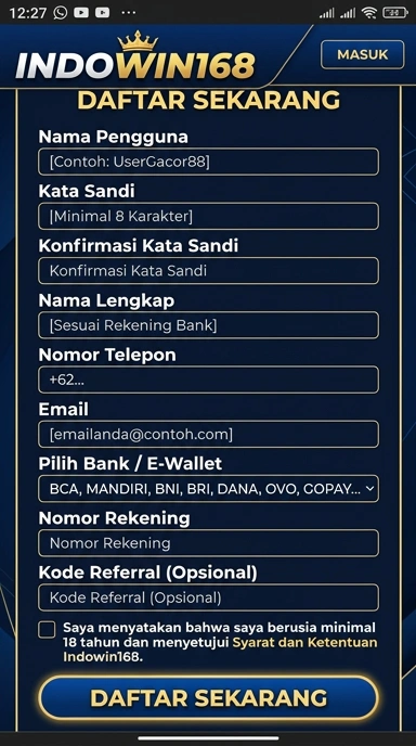 Tampilan halaman daftar indowin168